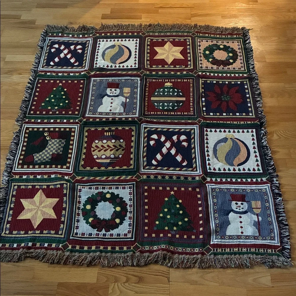 Christmas Holiday Throw Blanket with Snowman and Tree Design